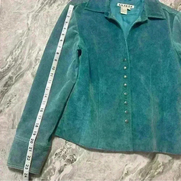 AMI Women's Blue Jacket Lined Leather Coat Blazer Vintage Medium Festival - Picture 11 of 12
